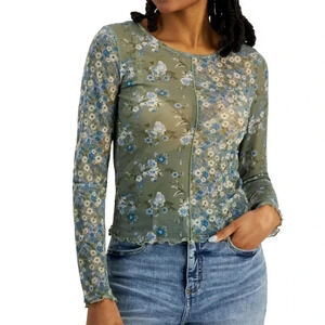 Crave Fame Floral Print Mesh Long Sleeve Top Size M NEW